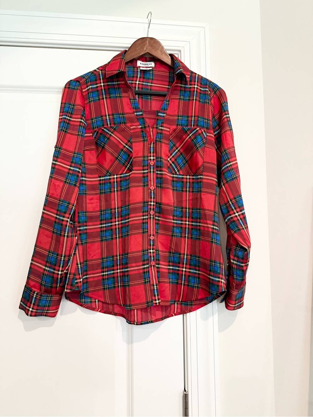 Express Red Plaid Portofino Slim Shirt